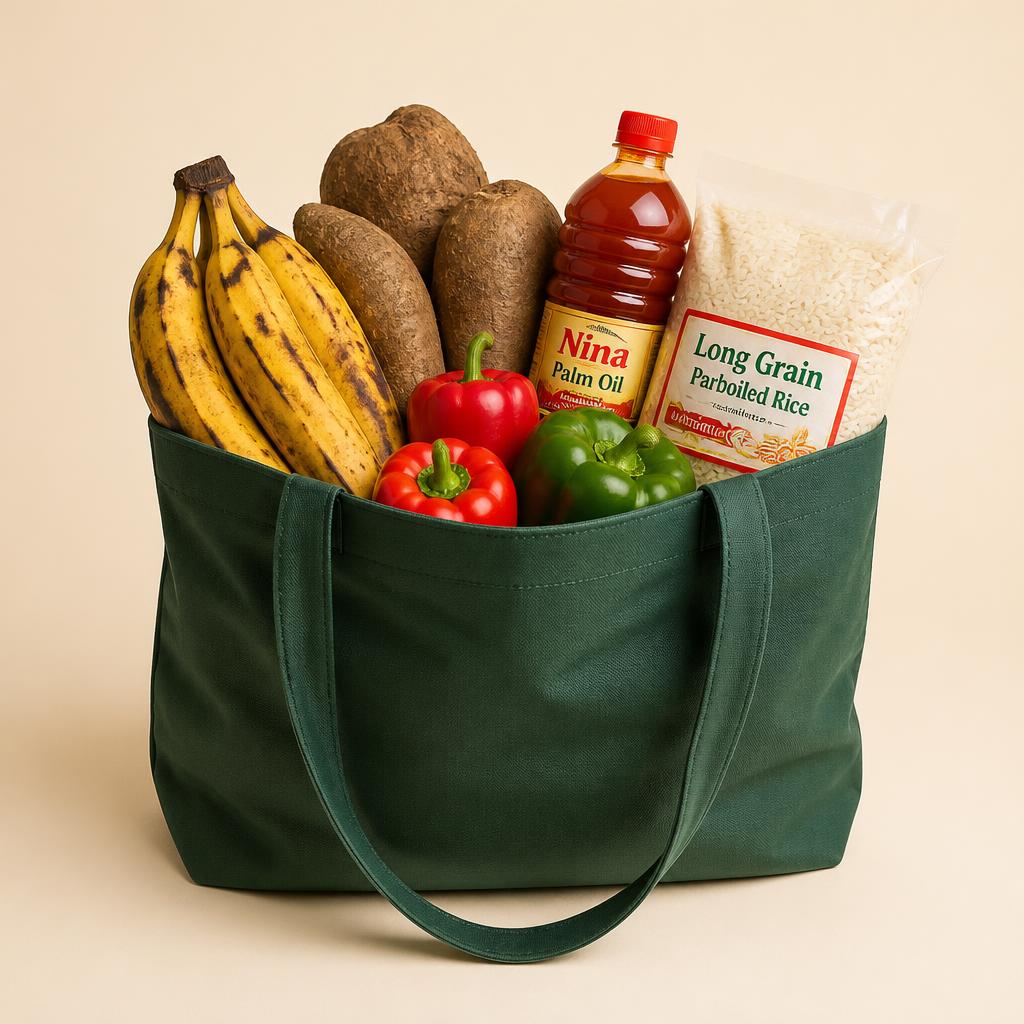 Green tote bag filled with African groceries: plantains, yam, peppers, palm oil and rice